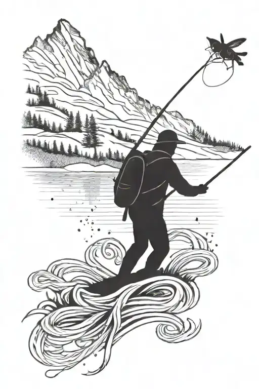 mountain with a river and forest in front. A rope across the river and a silhouette of a fly fisherman. tattoo design idea