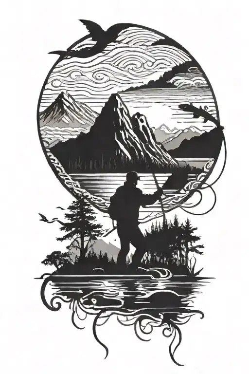 mountain with a river and forest in front. A rope across the river and a silhouette of a fly fisherman with a fish on tattoo design idea