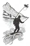 mountain with a river and forest in front. A rope across the river and a silhouette of a fly fisherman. tattoo design idea