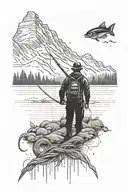 mountain with a river and forest in front. A rope across the river and a silhouette of a fly fisherman. tattoo design idea