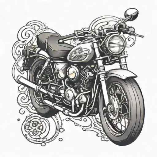 Create a tattoo design featuring a motorcycle and pagan symbols intertwined with intricate black and grey details tattoo design idea