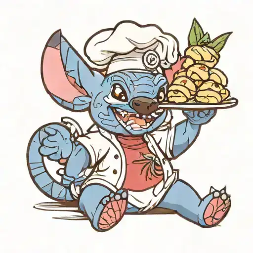 disneys stitch wearing a chef hat and rolling croissants tattoo design idea