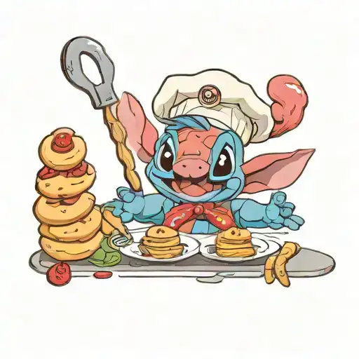 disneys stitch wearing a chef hat and rolling croissants  tattoo design idea
