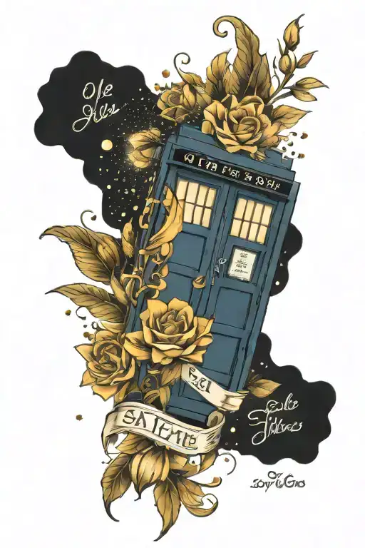 "We are all stories in the end", "stay gold", flowers, sun, tardis  tattoo design idea