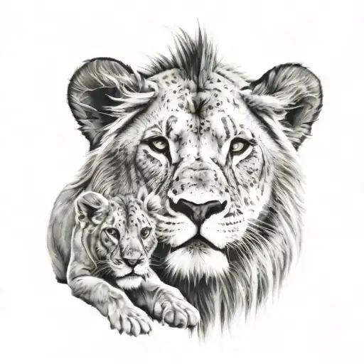 father lion with 2 cubs face only tattoo design idea