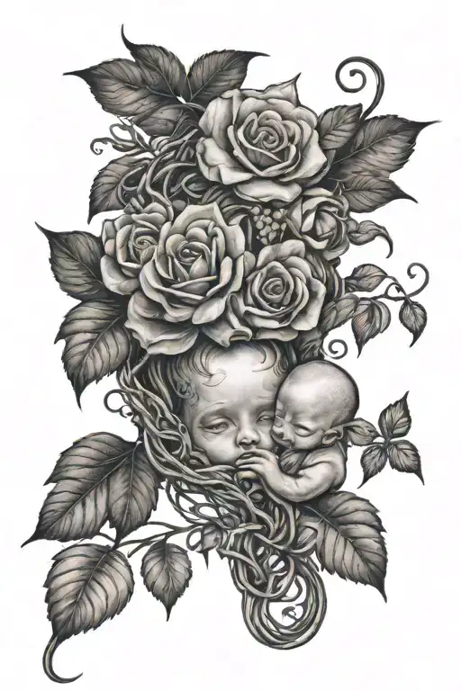 wisteria roots that wrap around the limbs of baby with the rose instead of head tattoo design idea