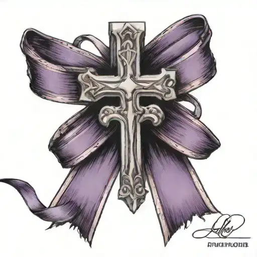 purple domestic violence ribbon with a cross at the end of the ribbon hanging down tattoo design idea
