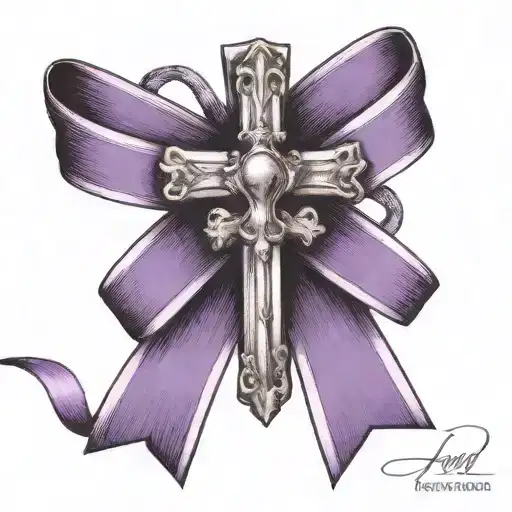 purple domestic violence ribbon with a cross at the end of the ribbon hanging down. The looks like a cancer ribbon tattoo design idea