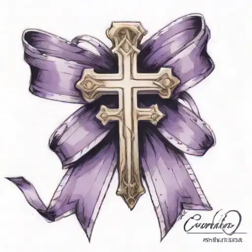 purple domestic violence ribbon with a cross at the end of the ribbon hanging down. The looks like a cancer ribbon tattoo design idea