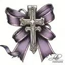 purple domestic violence ribbon with a cross at the end of the ribbon hanging down tattoo design idea