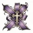 purple domestic violence ribbon with a cross at the end of the ribbon hanging down tattoo design idea