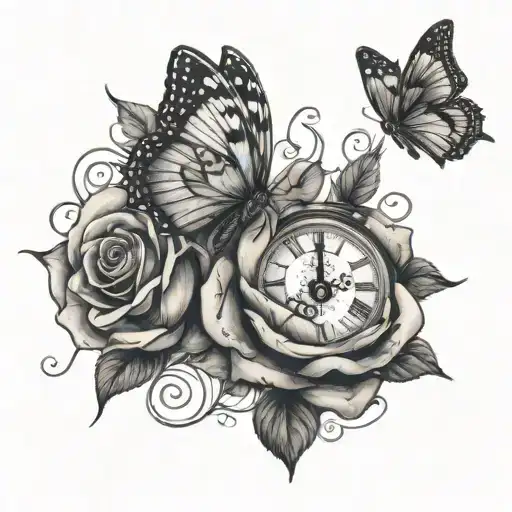a butterfly rose and clock  tattoo design idea