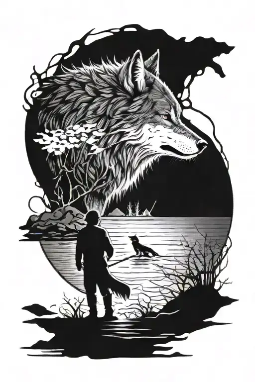 a wolf with a fisherman on a bank  tattoo design idea