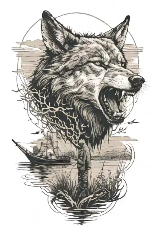 a wolf with a fisherman on a bank  tattoo design idea