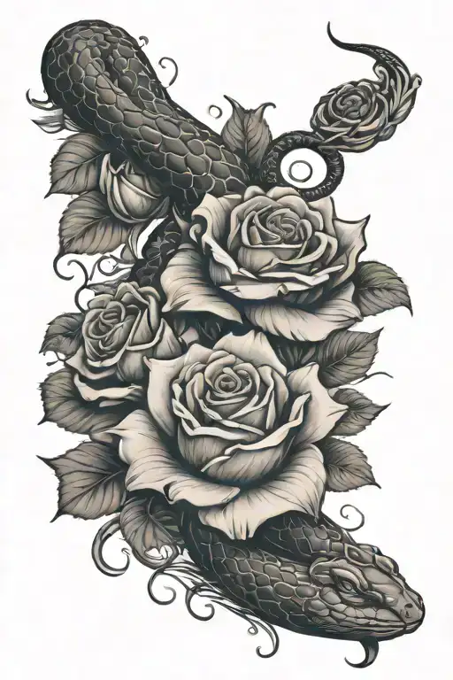 snake and roses or water Lillie's on the spine   tattoo design idea