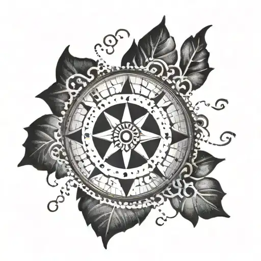 A dotwork tattoo of a compass with a dog's paw print in the center, representing the client's passion for travel and dogs tattoo design idea
