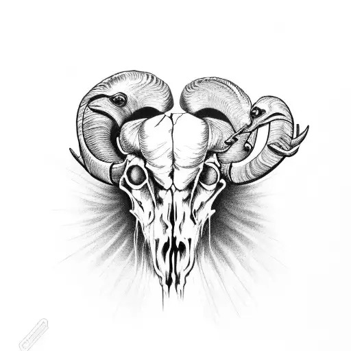 ram skull, two birds, eyeball tattoo design idea