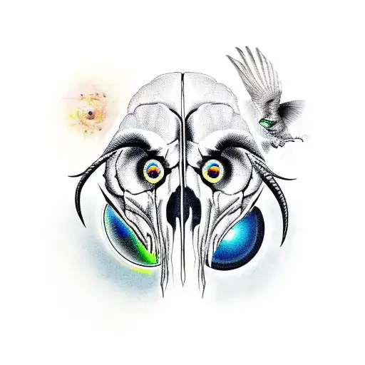 ram skull with two birds and eyeball tattoo design idea