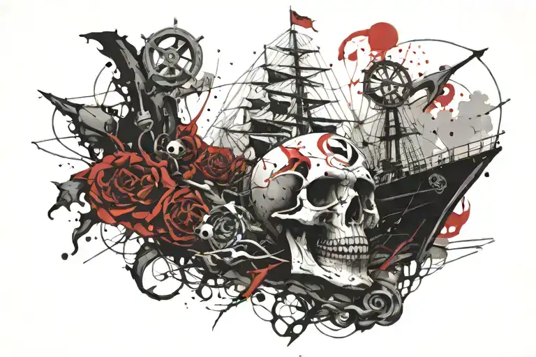 skull ship and anchor tattoo design idea