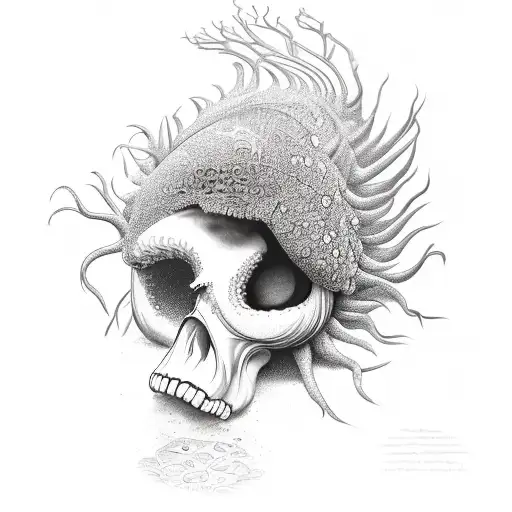 peacock blenny coming out of a skull rooted in ocean floor tattoo design idea