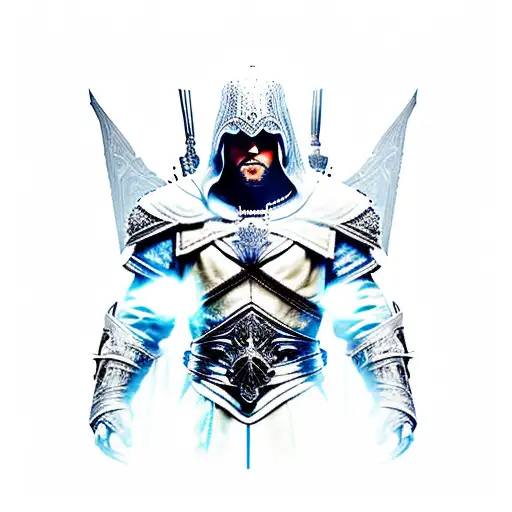 Paladin Crusaider, white armour, blue accents, assassin creed, kneeling, shield tattoo design idea