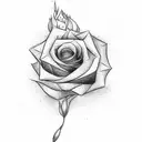 Brown block skyscraper in 3D shape falling rose flowers from the the sky passing 3 green plane on leafy background tattoo design idea