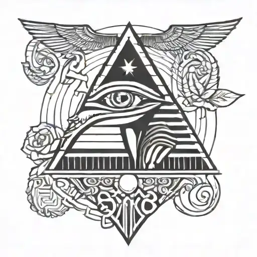 a character with a necklace with the symbols: eye of ra, lily and lyre tattoo design idea