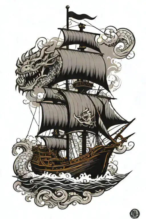 pirate ship sailing dragon flying above tattoo design idea