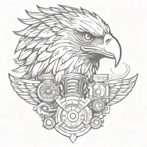 tattoo design with an eagle, a scull and a Harley Davidson engine for a motorcycle club called street eagles mc tattoo design idea