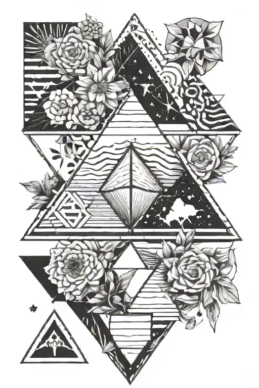 two triangles overlapping with desert elements in the top triangle and garden elements in the bottom triangle tattoo design idea