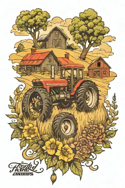 farm scene with tractor   tattoo design idea