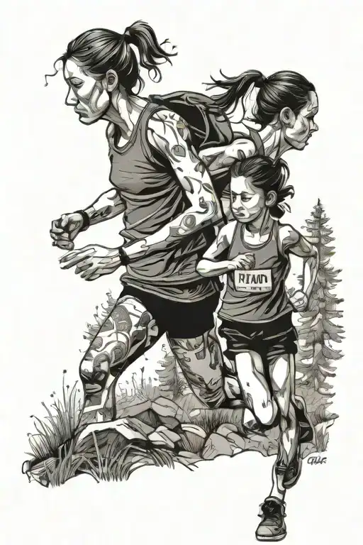 trail runner with daughters by and + name Matilde and Beatriz tattoo design idea