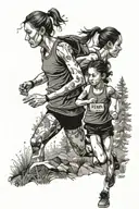 trail runner with daughters by and + name Matilde and Beatriz tattoo design idea