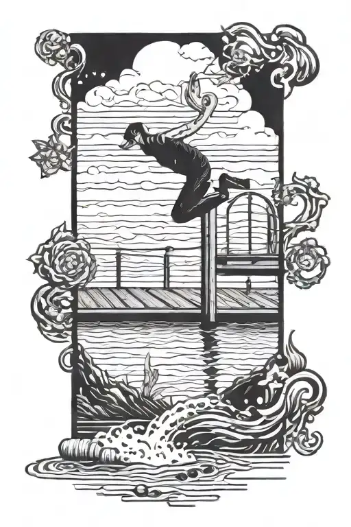 dock jumping off dock extending into a serene tattoo design idea
