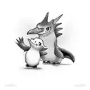 A penguin and a dragon facing off in a handball match tattoo design idea