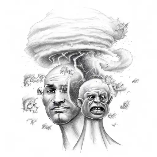 a tornado with 4 angry bald heads circling tattoo design idea