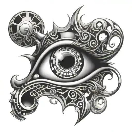 An eye with intricate chess piece reflections, intertwined with Mickey Mouse ears and a subtle gambling motif tattoo design idea