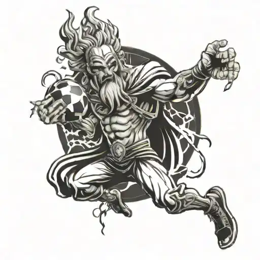 A fierce Zeus holding a football in one hand and a lightning bolt in the other, with a Guy Fawkes mask on tattoo design idea
