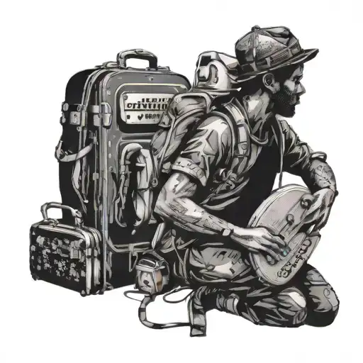 A silhouette of a traveler with a backpack, surrounded by musical instruments from around the world tattoo design idea