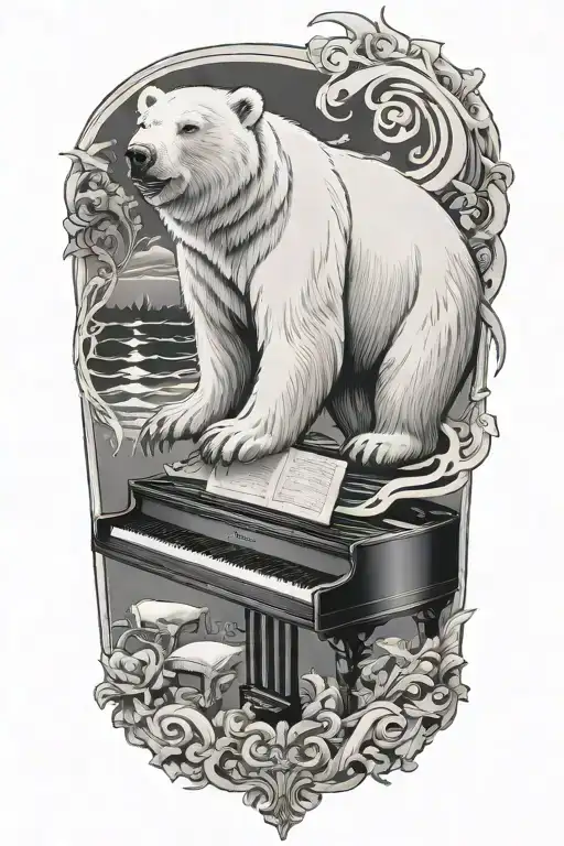 piano notes spinning around polar bear tattoo design idea