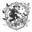 A skater silhouette with a chessboard pattern on their skateboard, surrounded by flying birds and Mickey Mouse heads tattoo design idea