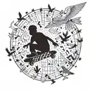 A skater silhouette with a chessboard pattern on their skateboard, surrounded by flying birds and Mickey Mouse heads tattoo design idea