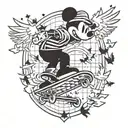 A skater silhouette with a chessboard pattern on their skateboard, surrounded by flying birds and Mickey Mouse heads tattoo design idea