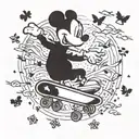 A skater silhouette with a chessboard pattern on their skateboard, surrounded by flying birds and Mickey Mouse heads tattoo design idea