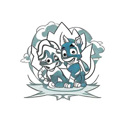 A traditional tattoo design showcasing a playful scene with all the favorite characters from Blaze and the Monster Machines, Paw Patrol, and Bluey, having a picnic together in a sunny park. tattoo design idea