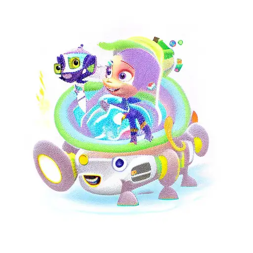 A colorful and playful tattoo featuring characters from Blaze and the Monster Machines, Paw Patrol, and Bubble Guppies, all having a fun adventure together. tattoo design idea