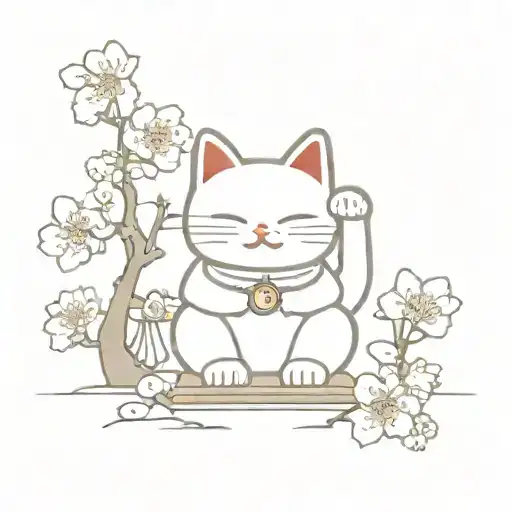 a japanse lucky cat with a shrine and cherry blossoms tattoo design idea