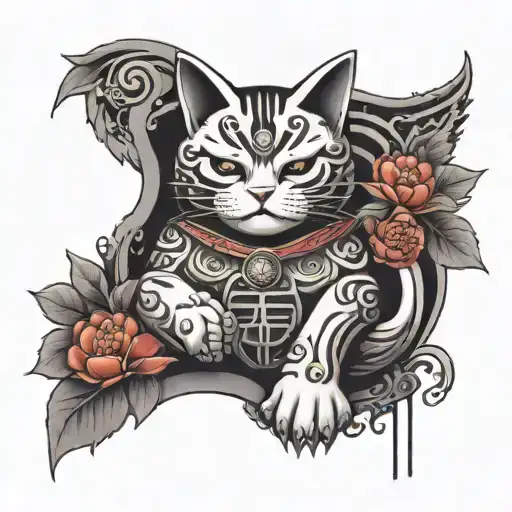 a japanse lucky cat with a shrine guardians infront with cherry blossum tattoo design idea