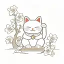 a japanse lucky cat with a shrine and cherry blossoms tattoo design idea