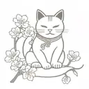 a japanse lucky cat with a shrine and cherry blossoms tattoo design idea